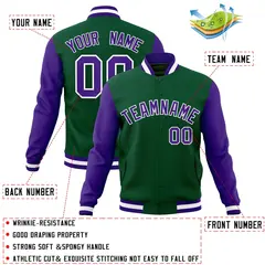 Green Purple-White Raglan Varsity Full-Snap Letterman Jacket 4