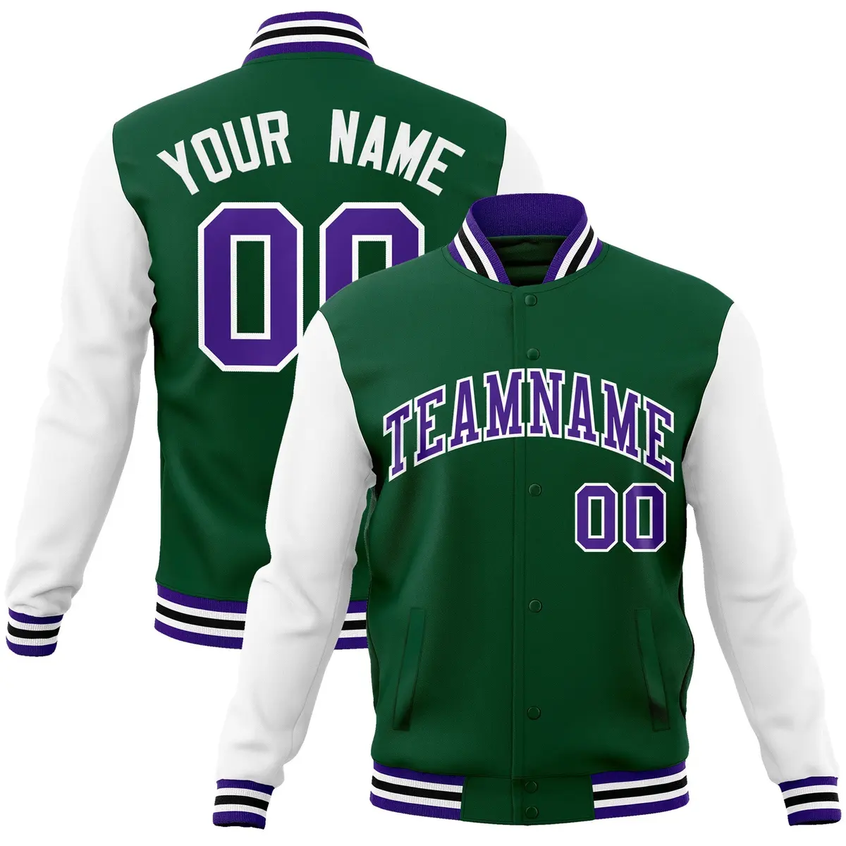 Green Purple-White Raglan Varsity Full-Snap Letterman Jacket