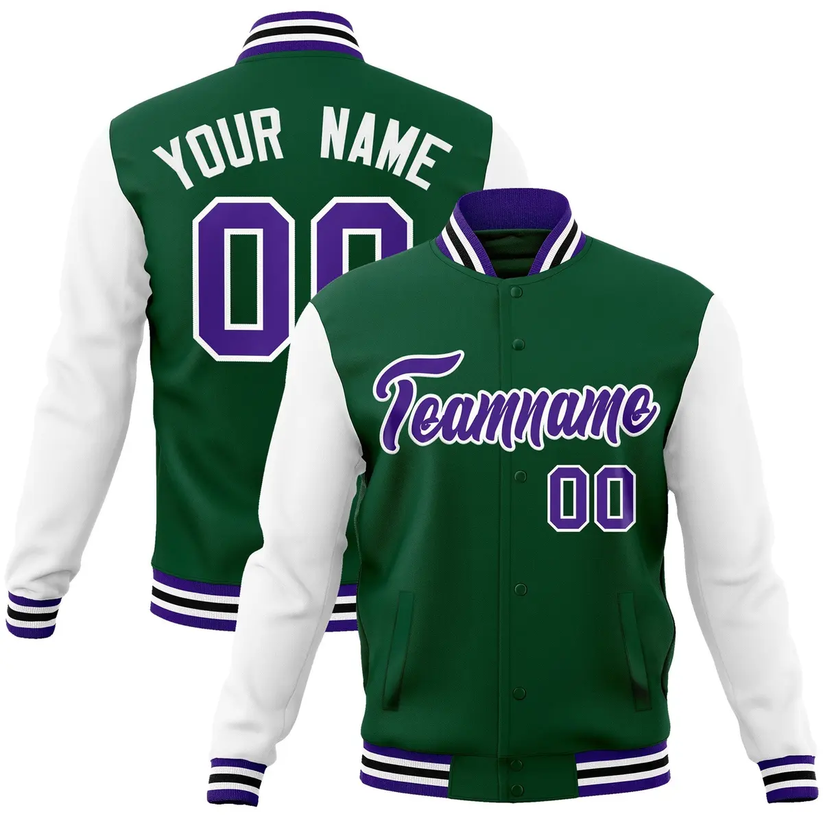 Green Purple-White Raglan Varsity Full-Snap Letterman Jacket