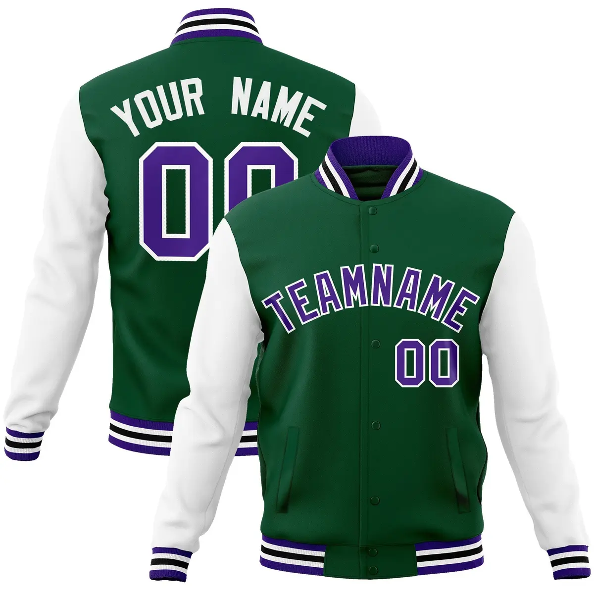Green Purple-White Raglan Varsity Full-Snap Letterman Jacket