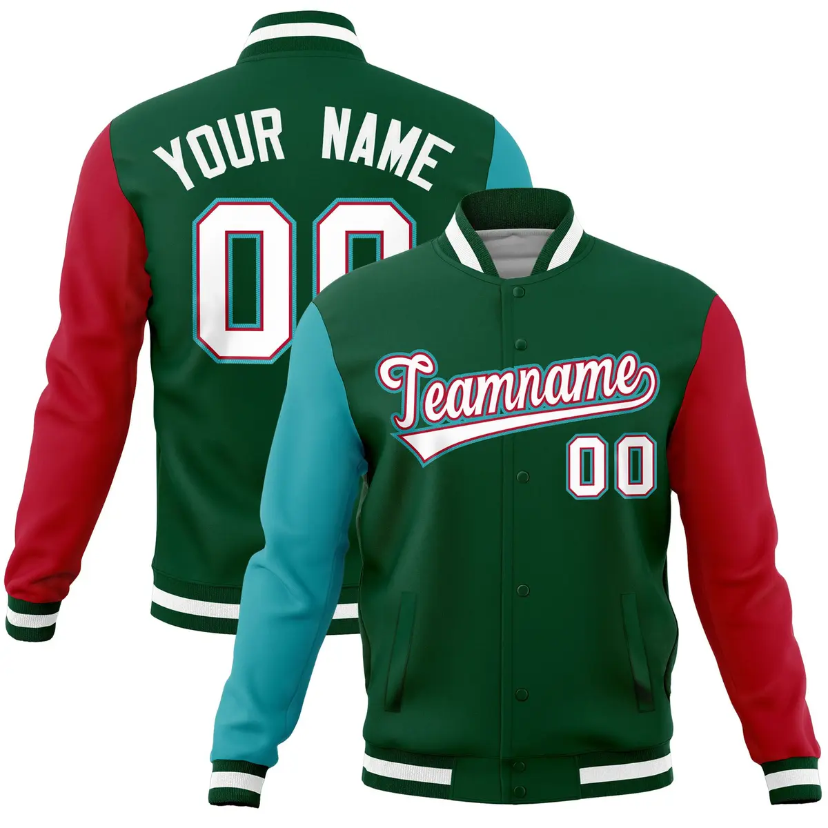 Green Red-Aqua Full-Snap Raglan Varsity Letterman Jacket