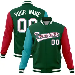 Green Red-Aqua Full-Snap Raglan Varsity Letterman Jacket
