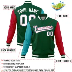 Green Red-Aqua Full-Snap Raglan Varsity Letterman Jacket 4