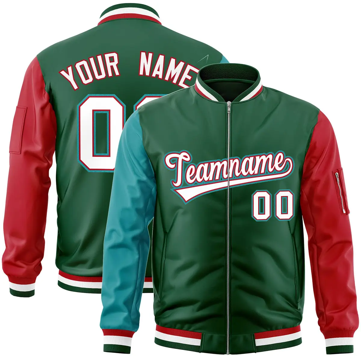 Green Red-Aqua Varsity Full-Zip Raglan Letterman Bomber Jacket
