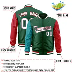 Green Red-Aqua Varsity Full-Zip Raglan Letterman Bomber Jacket 2
