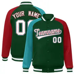 Green Red-Aqua Varsity Raglan Letterman Bomber Jacket 1