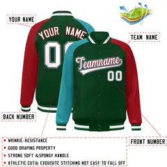Green Red-Aqua Varsity Raglan Letterman Bomber Jacket 2