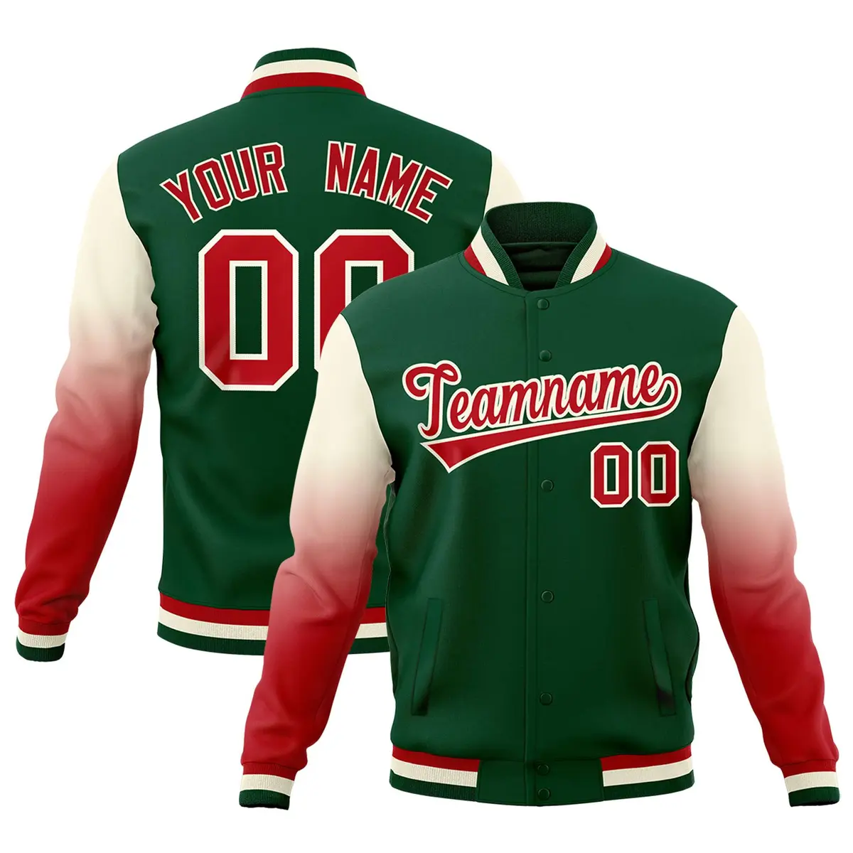 Green Red Cream Gradient Raglan Varsity Letterman Jacket