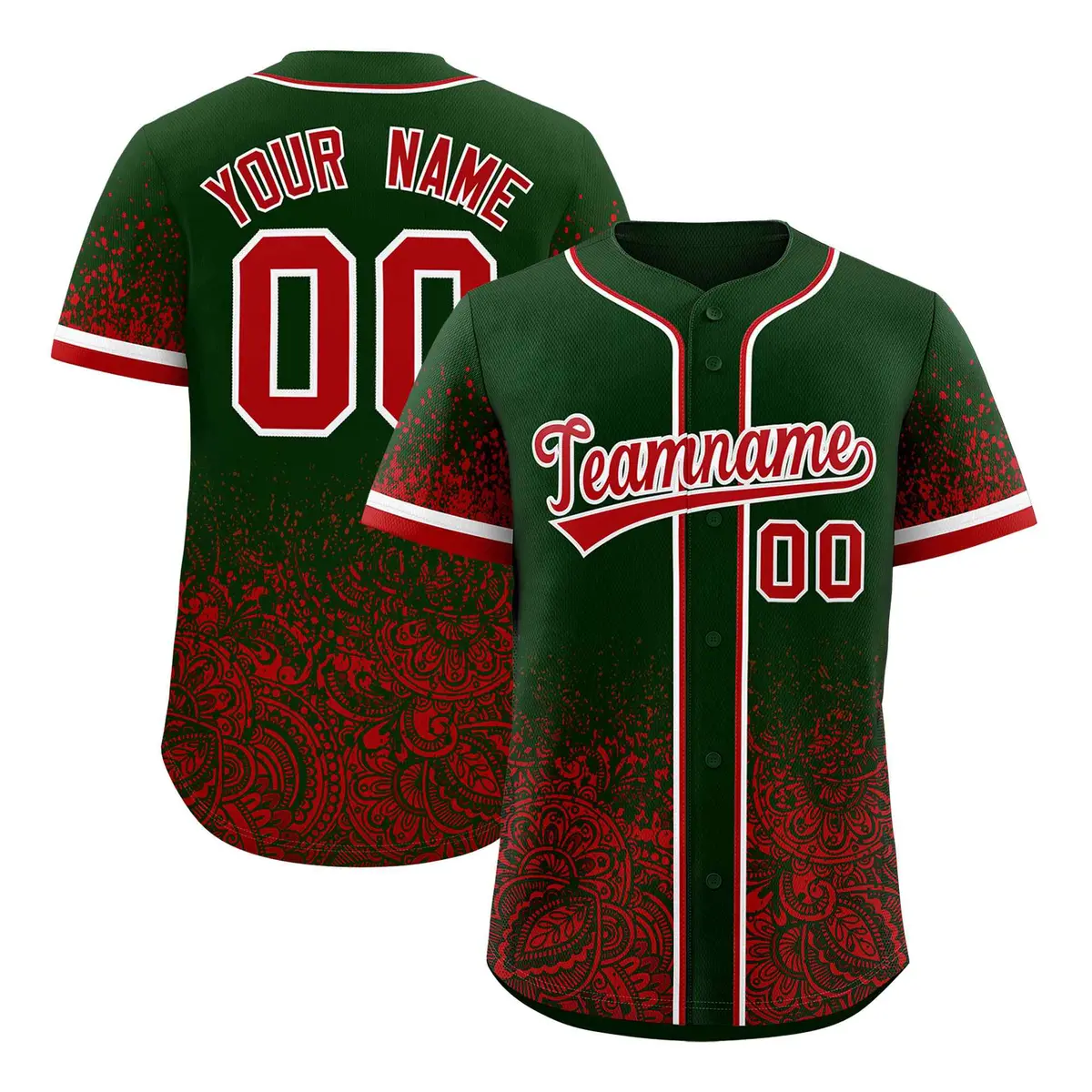 Green Red Floral Gradient Full Button Baseball Jersey