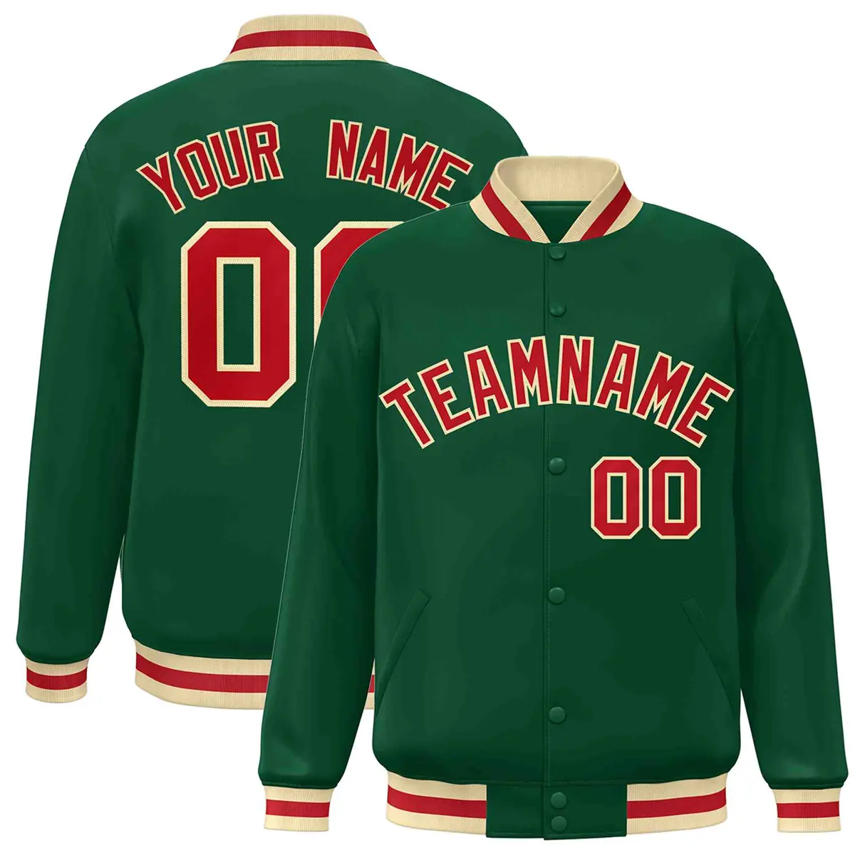 Green Red-Khaki Classic Varsity Full-Snap Letterman Jacket