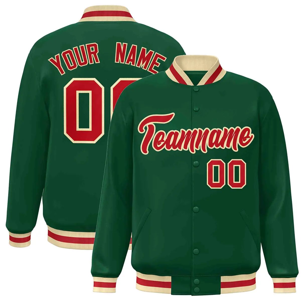Green Red-Khaki Classic Varsity Full-Snap Letterman Jacket