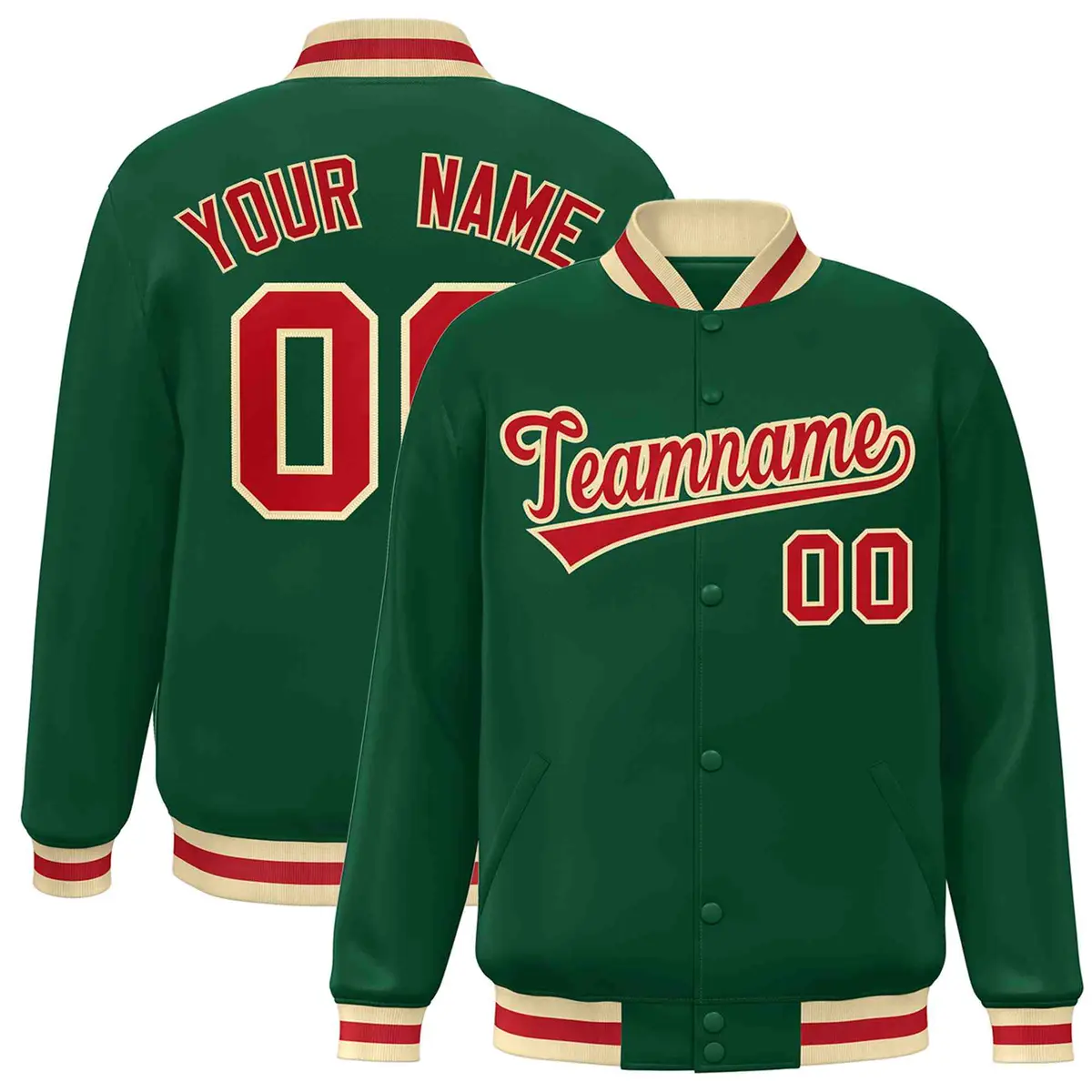 Green Red-Khaki Classic Varsity Full-Snap Letterman Jacket