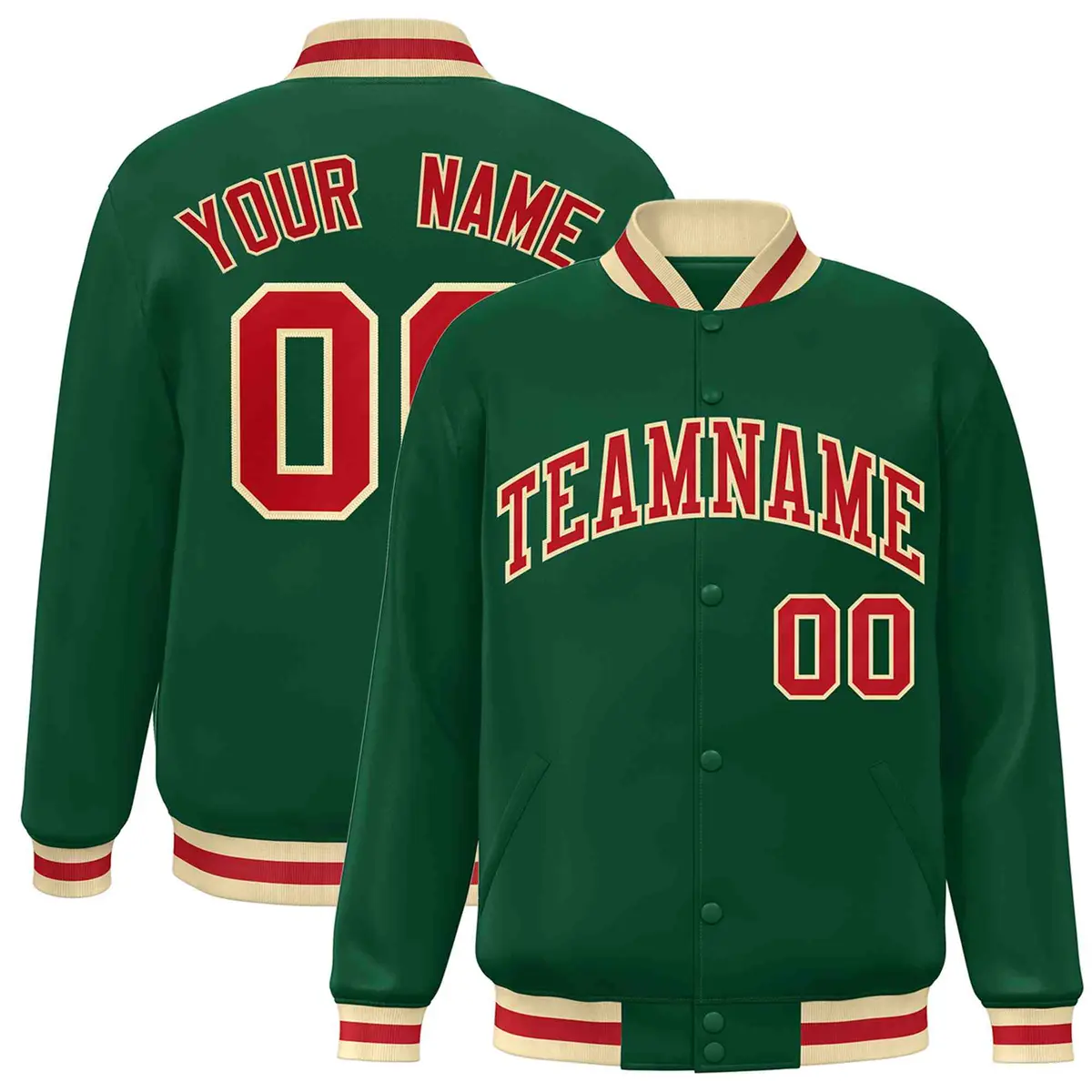 Green Red-Khaki Classic Varsity Full-Snap Letterman Jacket