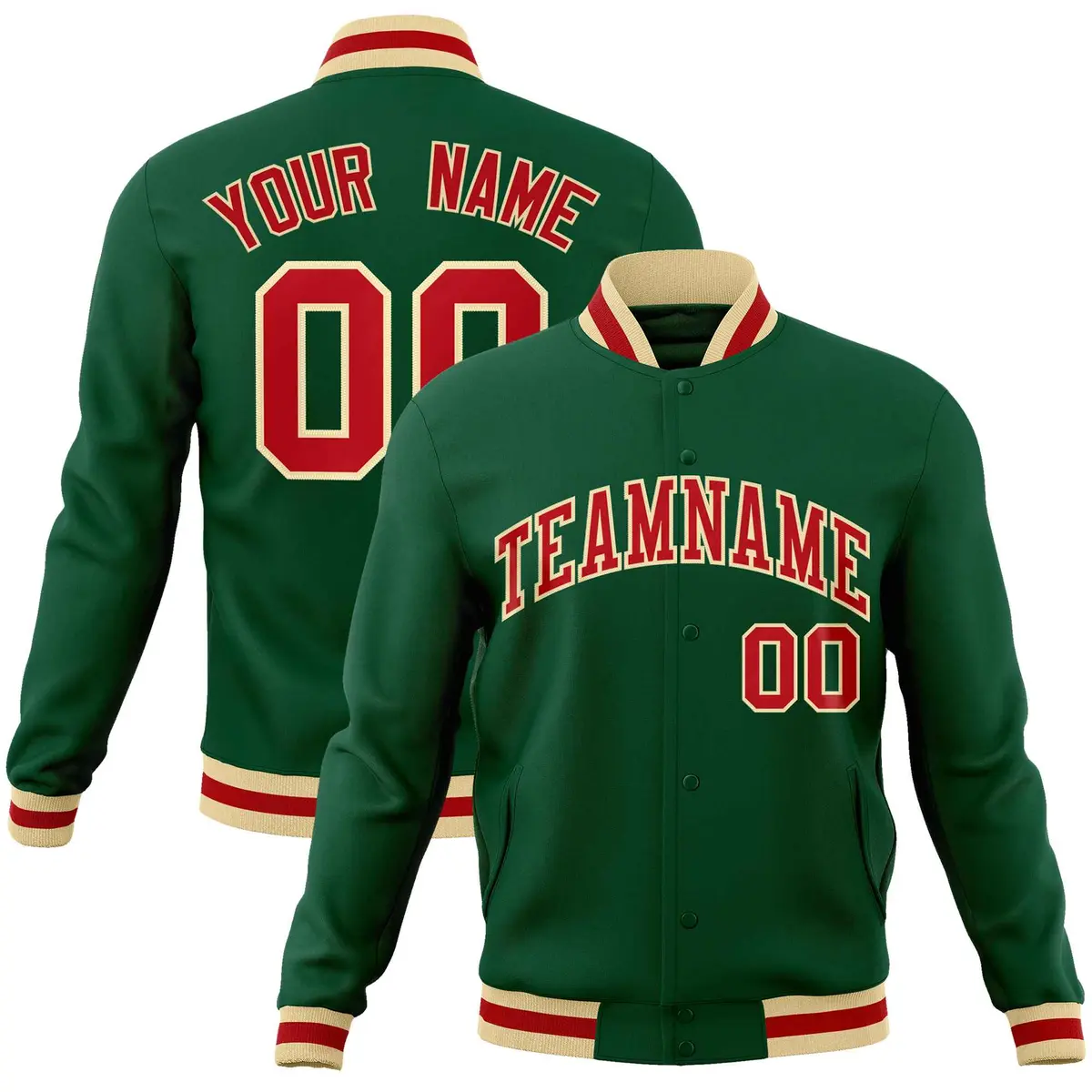 Green Red-Khaki Classic Varsity Full-Snap Letterman Jacket