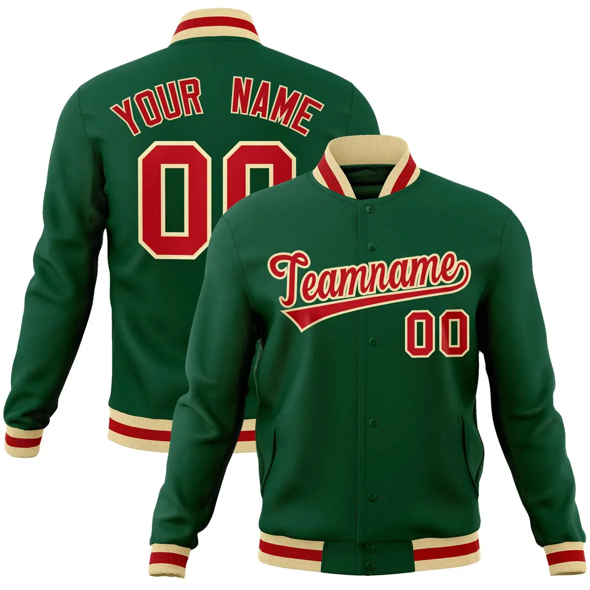Green Red-Khaki Classic Varsity Full-Snap Letterman Jacket