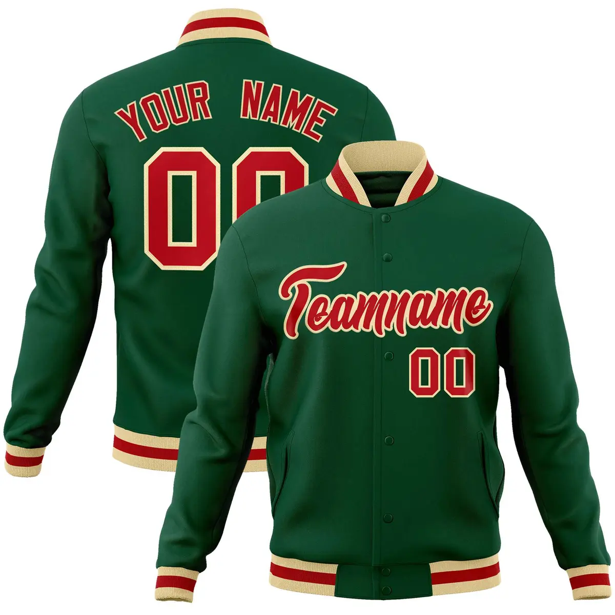 Green Red-Khaki Classic Varsity Full-Snap Letterman Jacket