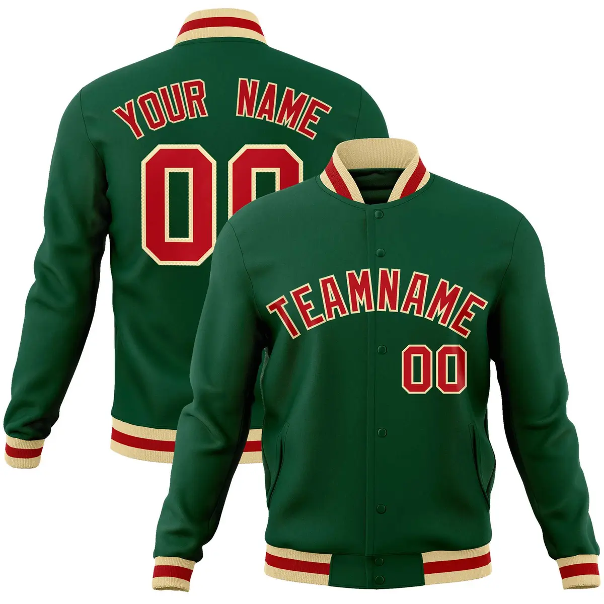 Green Red-Khaki Classic Varsity Full-Snap Letterman Jacket