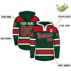 Green Red Raglan Lace-Up Neck Hockey Hoodie Jersey 2