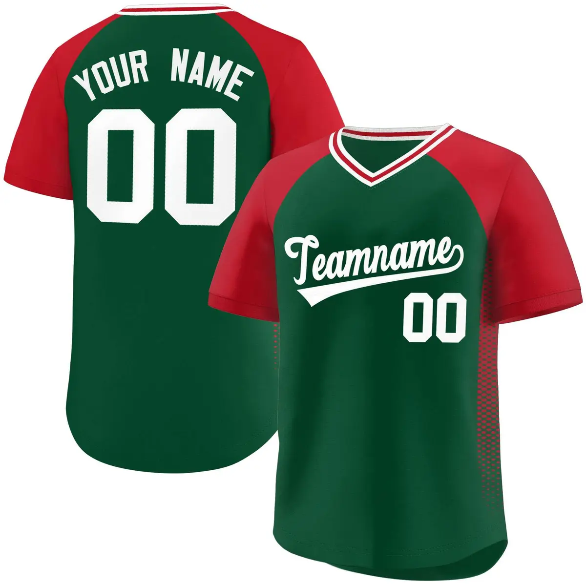Green Red Raglan Side Spot Pullover Baseball Jersey