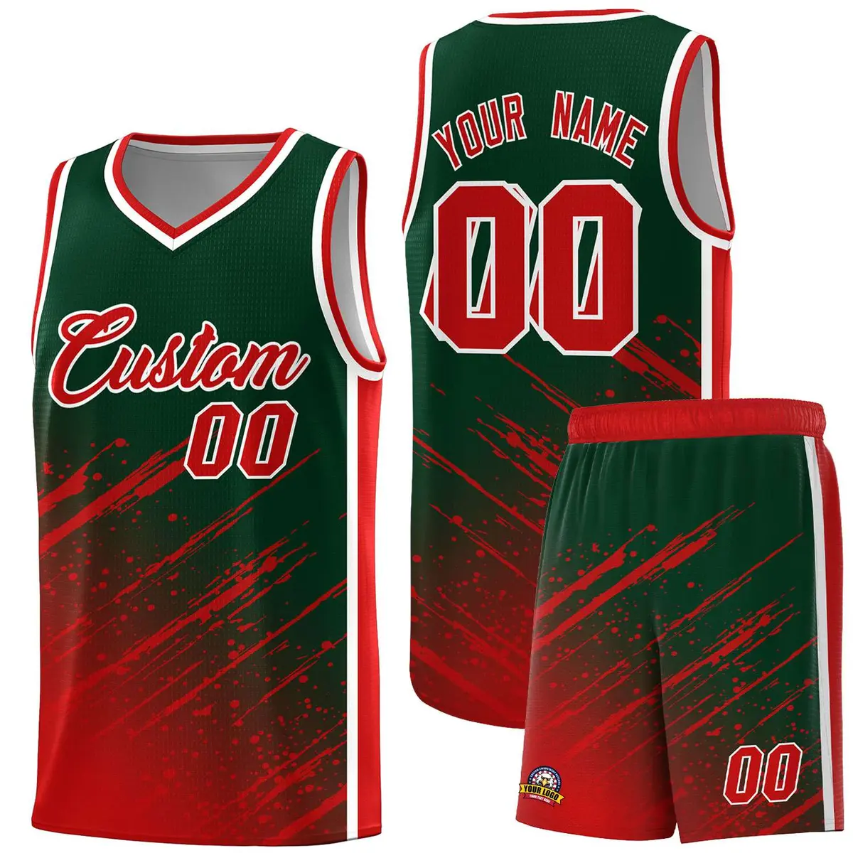 Green Red Splash Breathable Mesh Basketball Kit