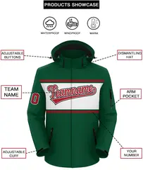 Green Red-White Color Block Hooded Outdoor Waterproof Jacket 2