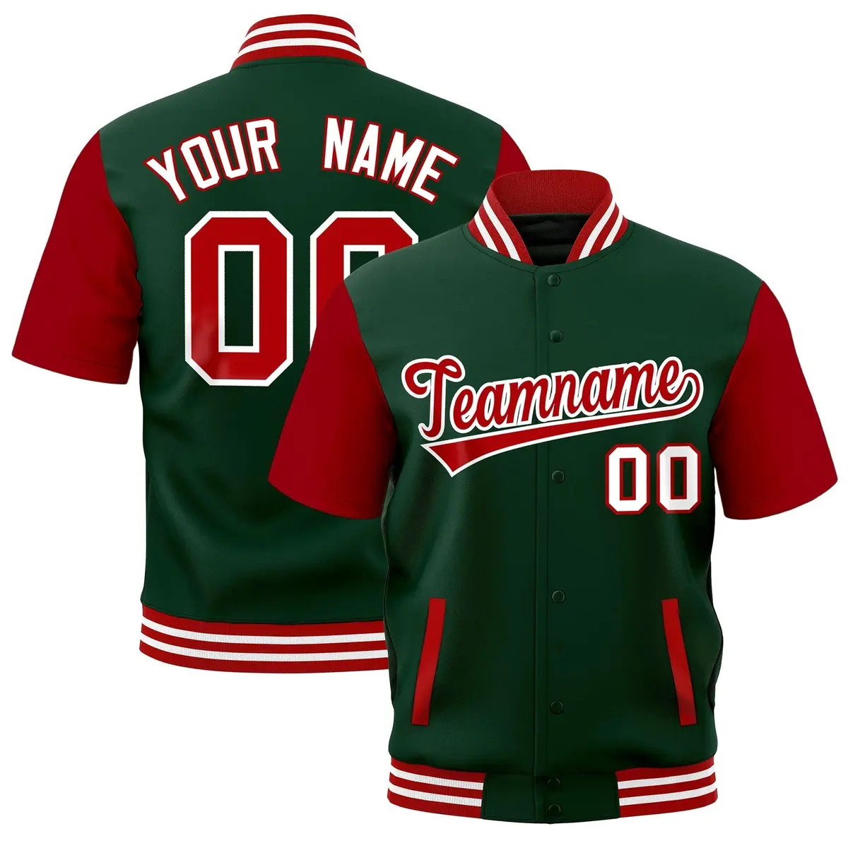 Green Red White Full-Snap Short Sleeve Varsity Jacket