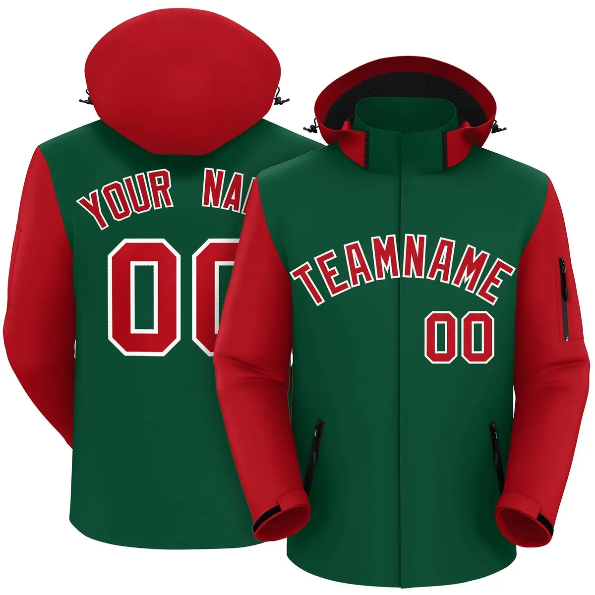 Green Red-White Raglan Sleeves Waterproof Jacket