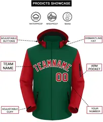 Green Red-White Raglan Sleeves Waterproof Jacket 2