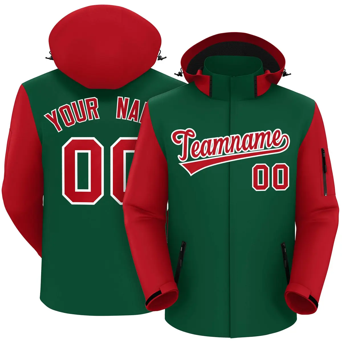 Green Red-White Raglan Sleeves Waterproof Jacket