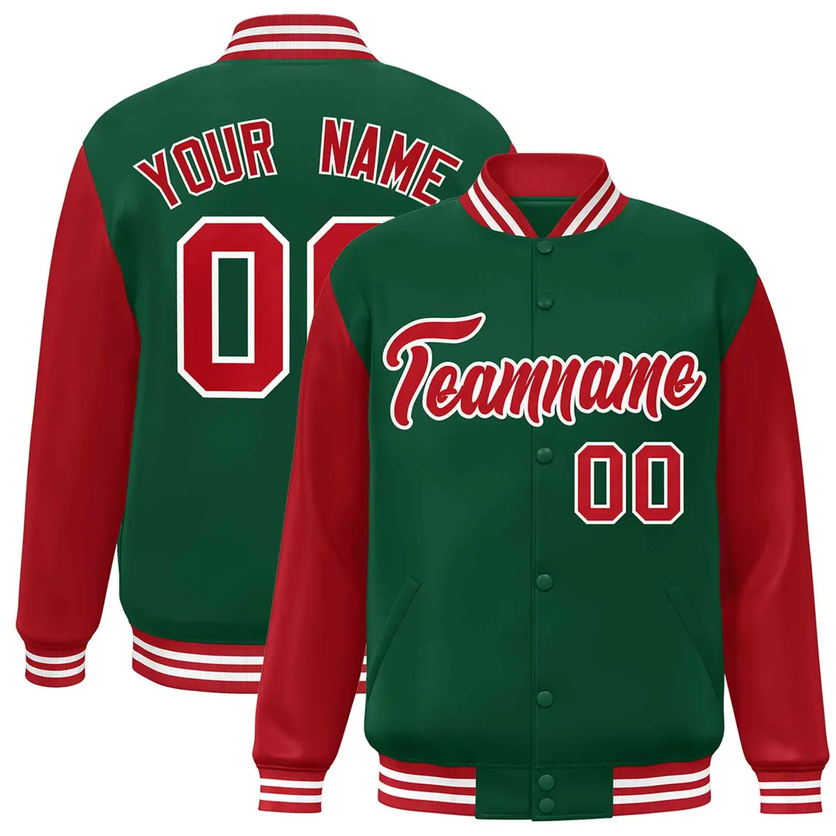 Green Red White Raglan Varsity Full-Snap Letterman Jacket