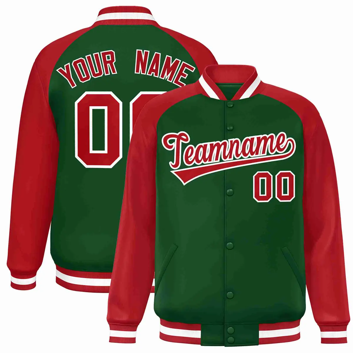 Green Red White Raglan Varsity Full-Snap Letterman Jacket