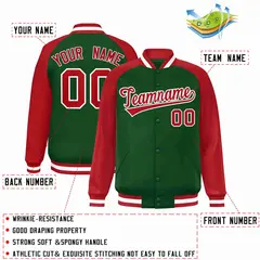 Green Red White Raglan Varsity Full-Snap Letterman Jacket 2