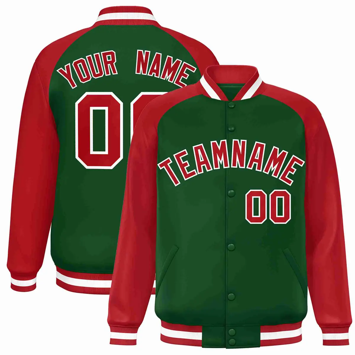 Green Red White Raglan Varsity Full-Snap Letterman Jacket