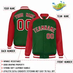 Green Red White Raglan Varsity Full-Snap Letterman Jacket 2