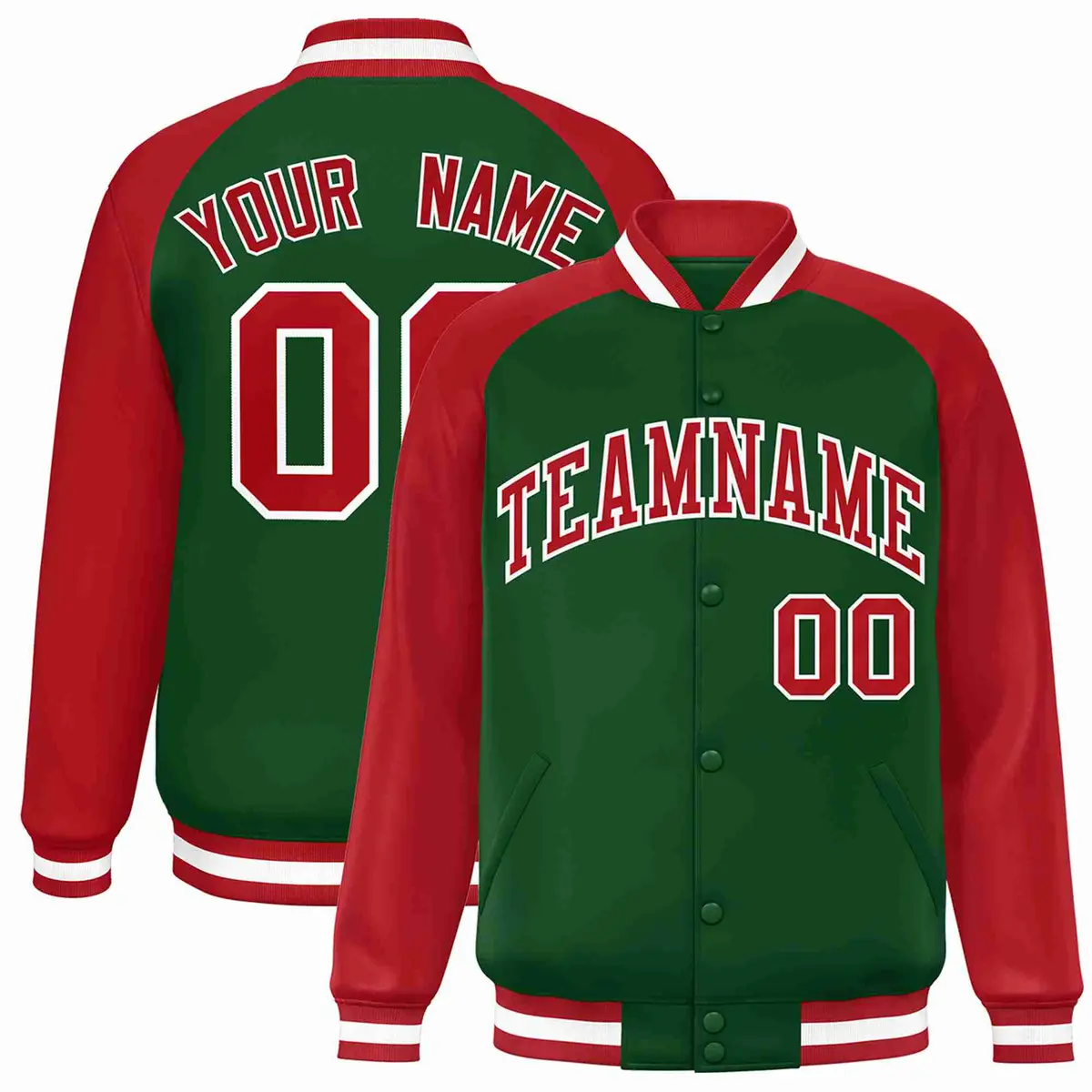 Green Red White Raglan Varsity Full-Snap Letterman Jacket
