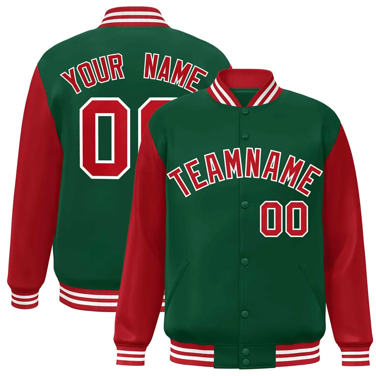 Green Red White Raglan Varsity Full-Snap Letterman Jacket