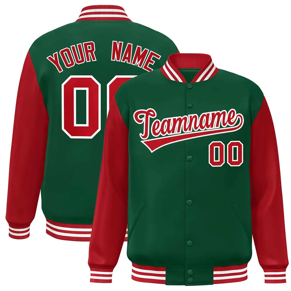Green Red White Raglan Varsity Full-Snap Letterman Jacket