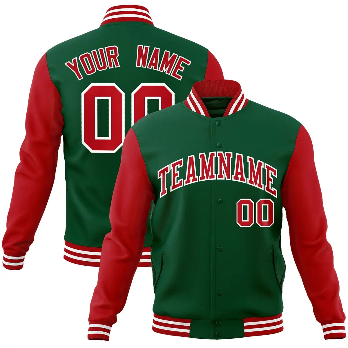 Green Red White Raglan Varsity Full-Snap Letterman Jacket