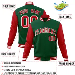 Green Red White Raglan Varsity Full-Snap Letterman Jacket 4