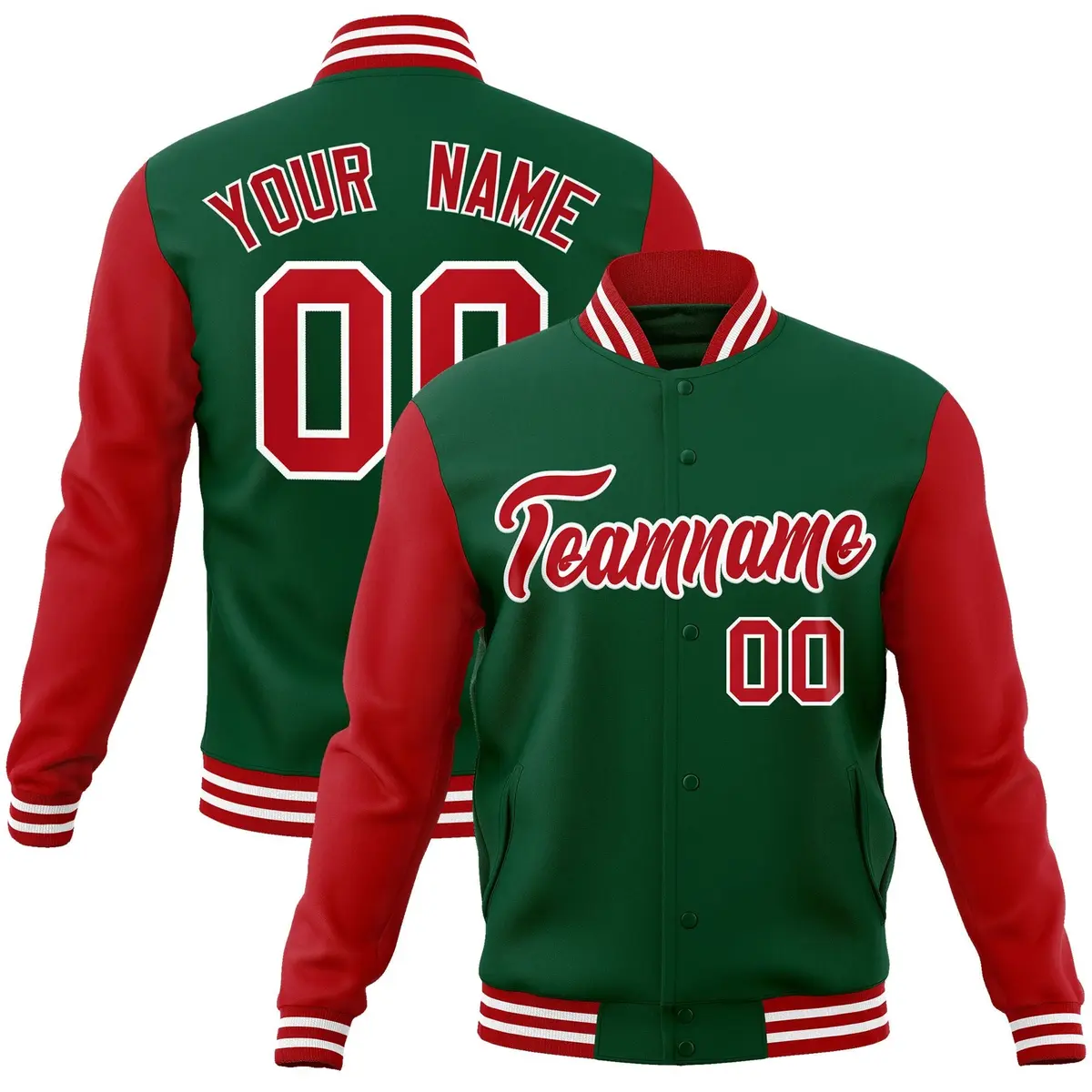 Green Red White Raglan Varsity Full-Snap Letterman Jacket