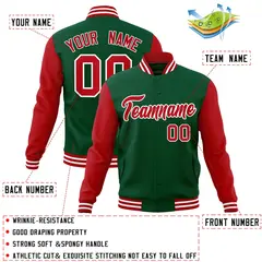 Green Red White Raglan Varsity Full-Snap Letterman Jacket 4