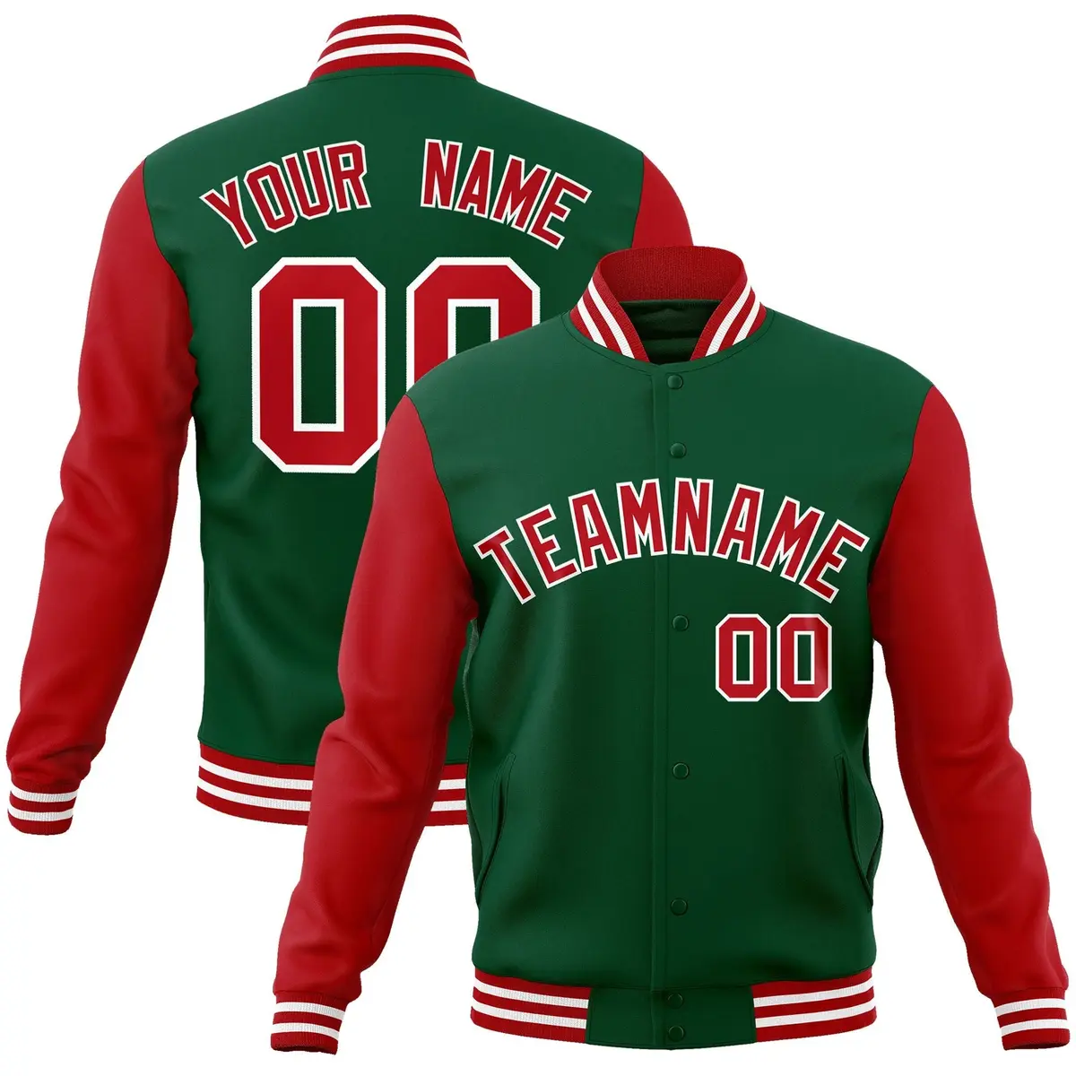 Green Red White Raglan Varsity Full-Snap Letterman Jacket