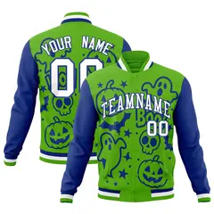 Green Royal Blue White Halloween Bats Pumpkins Ghost Letterman Jacket 1