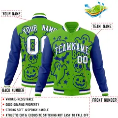 Green Royal Blue White Halloween Bats Pumpkins Ghost Letterman Jacket 2