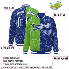 Green Royal-White Graffiti Pattern Split Letterman Bomber Baseball Jacket 2
