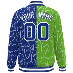 Green Royal-White Graffiti Pattern Split Letterman Bomber Baseball Jacket 4