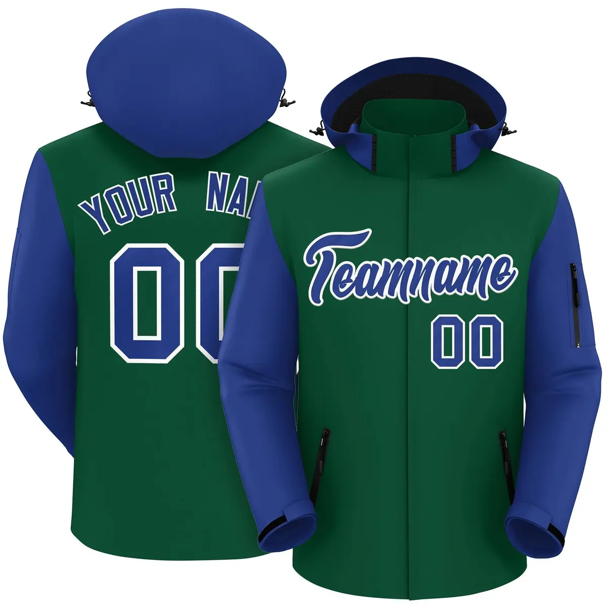 Green Royal-White Raglan Sleeves Waterproof Jacket