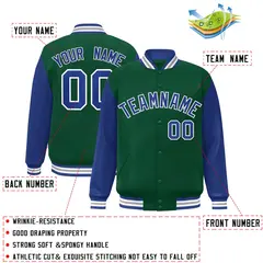Green Royal-White Raglan Varsity Full-Snap Letterman Jacket 2