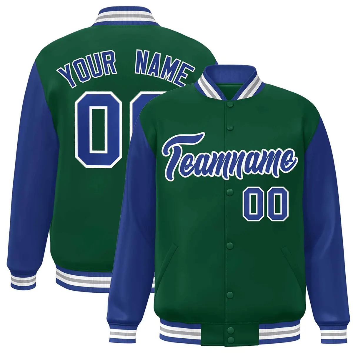 Green Royal-White Raglan Varsity Full-Snap Letterman Jacket