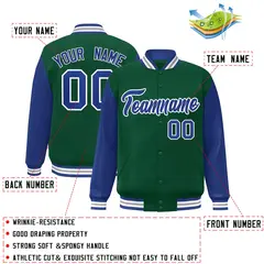 Green Royal-White Raglan Varsity Full-Snap Letterman Jacket 2